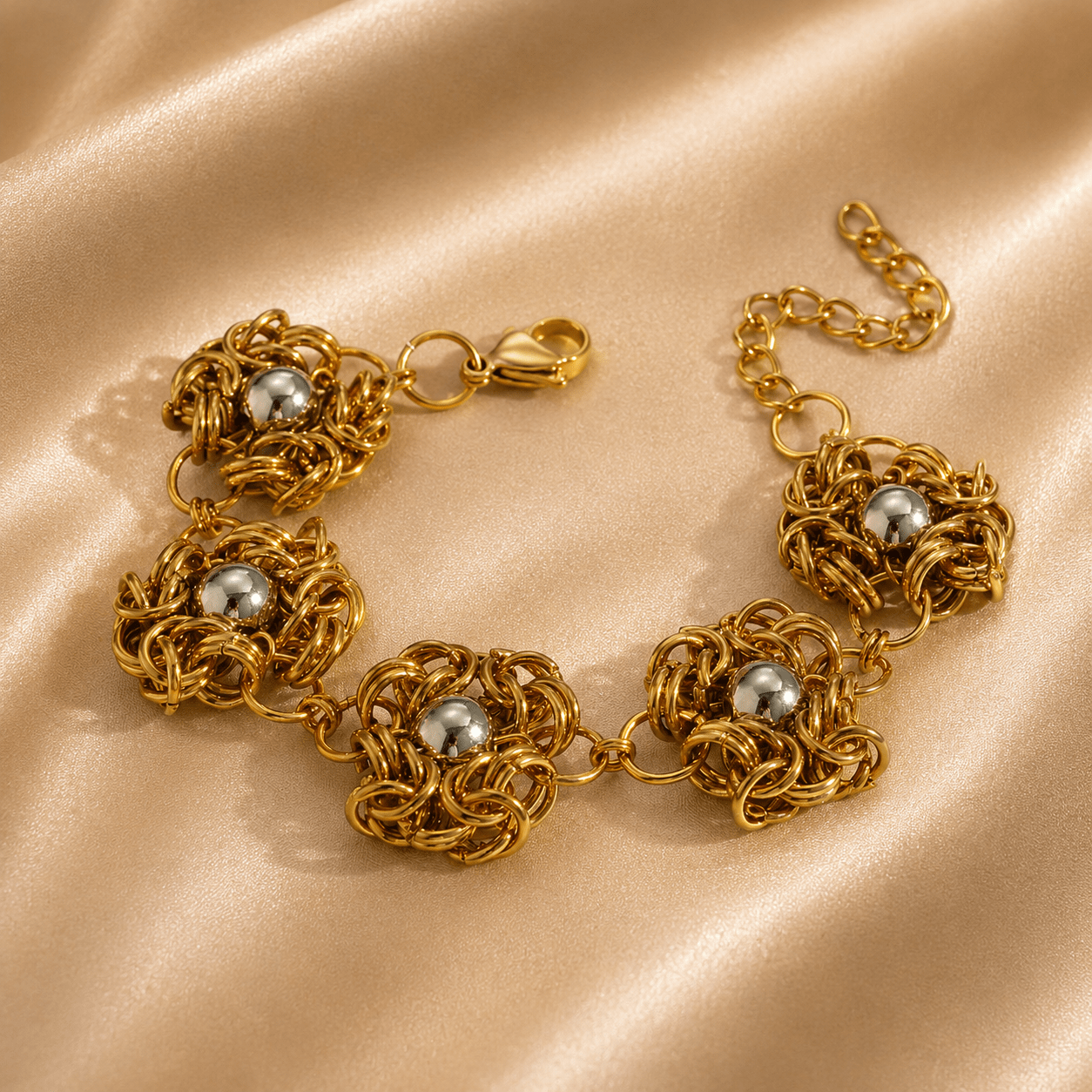 Gold Chainmail & Abstract Square Stud Mix Metal Combo Set - violinas