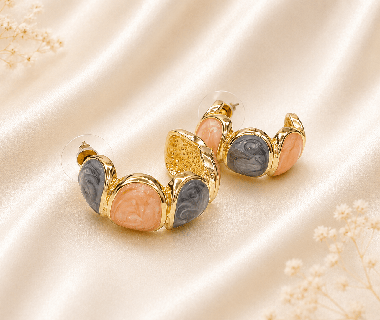 Gold Dual-Stone Marble & Blush Hoop Earrings - violinas