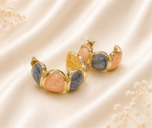 Gold Dual-Stone Marble & Blush Hoop Earrings - violinas