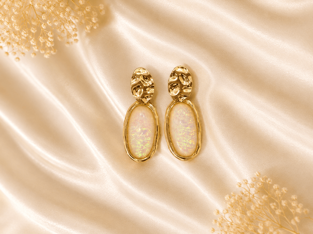 Gold Hammered Opal Oval Drop Earrings - violinas