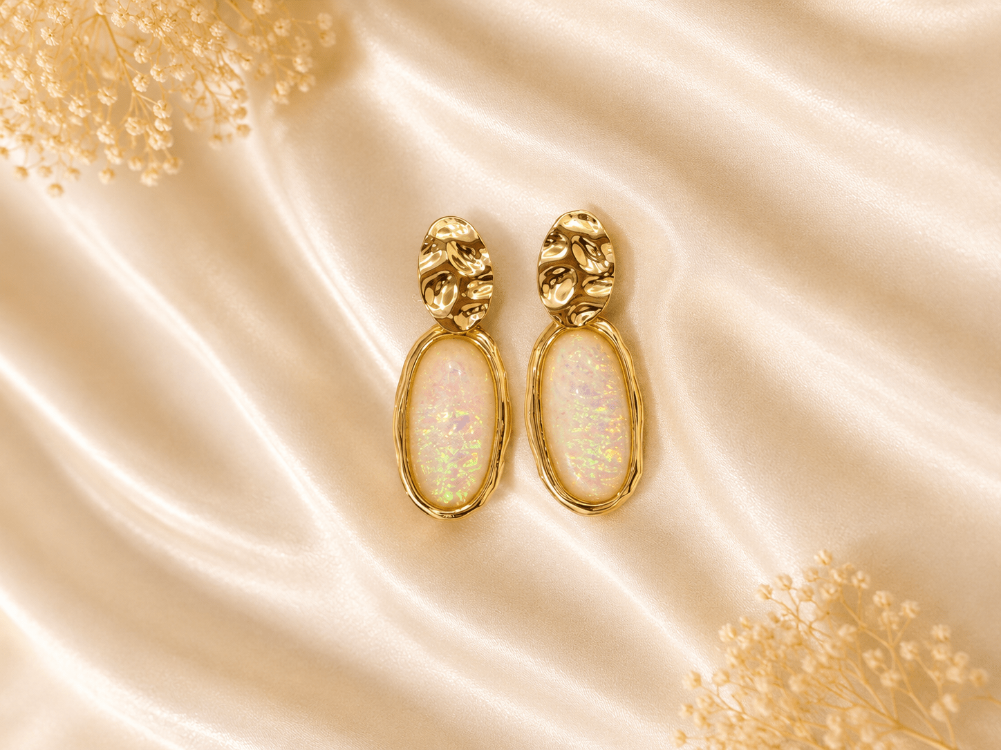 Gold Hammered Opal Oval Drop Earrings - violinas