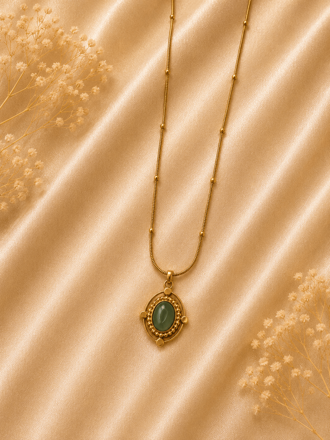 Gold Satellite Chain Green Jade Oval Pendant Necklace - violinas