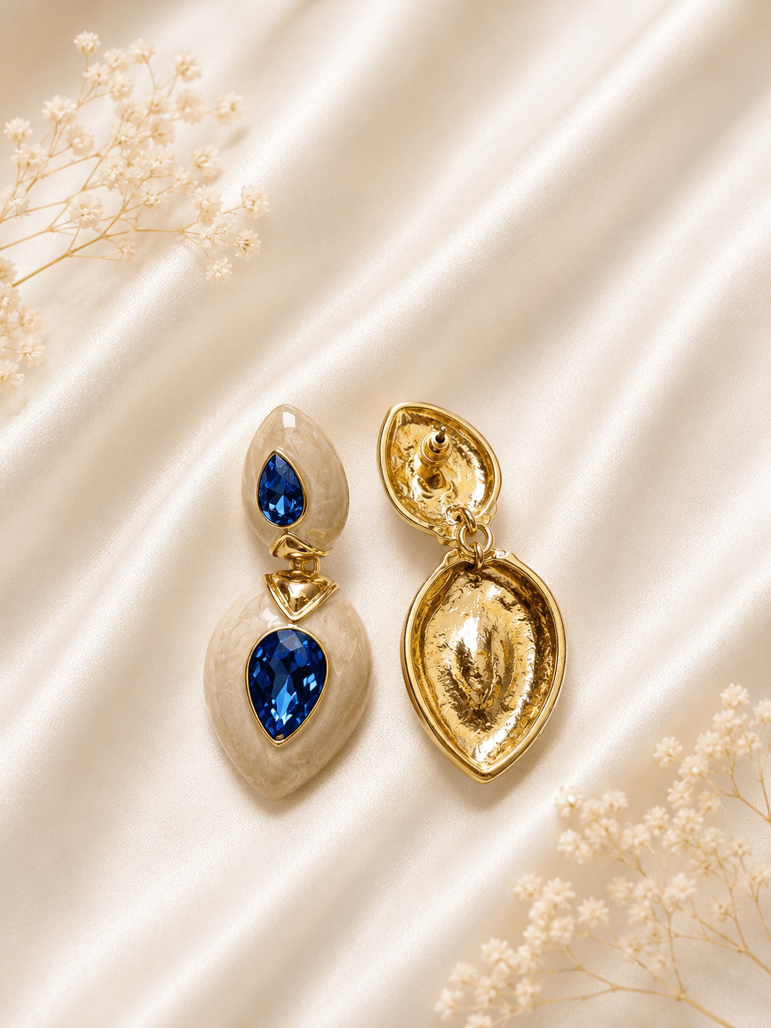 Ivory & Blue Crystal Teardrop Dangle Earrings - violinas