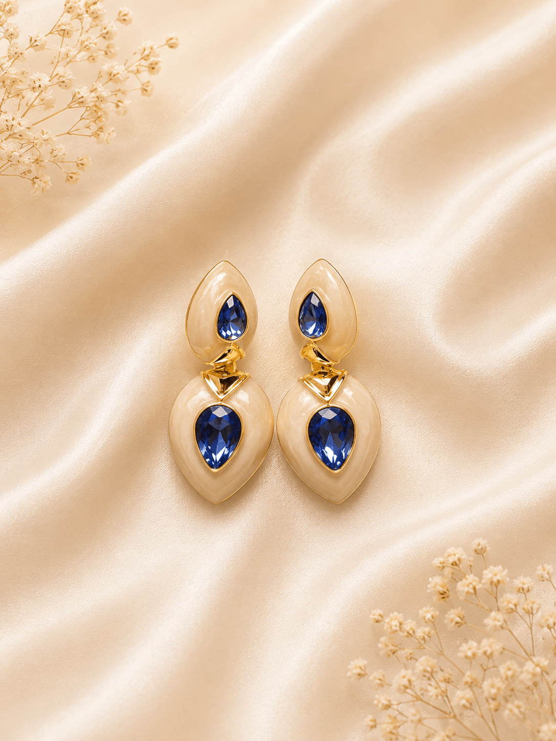 Ivory & Blue Crystal Teardrop Dangle Earrings - violinas