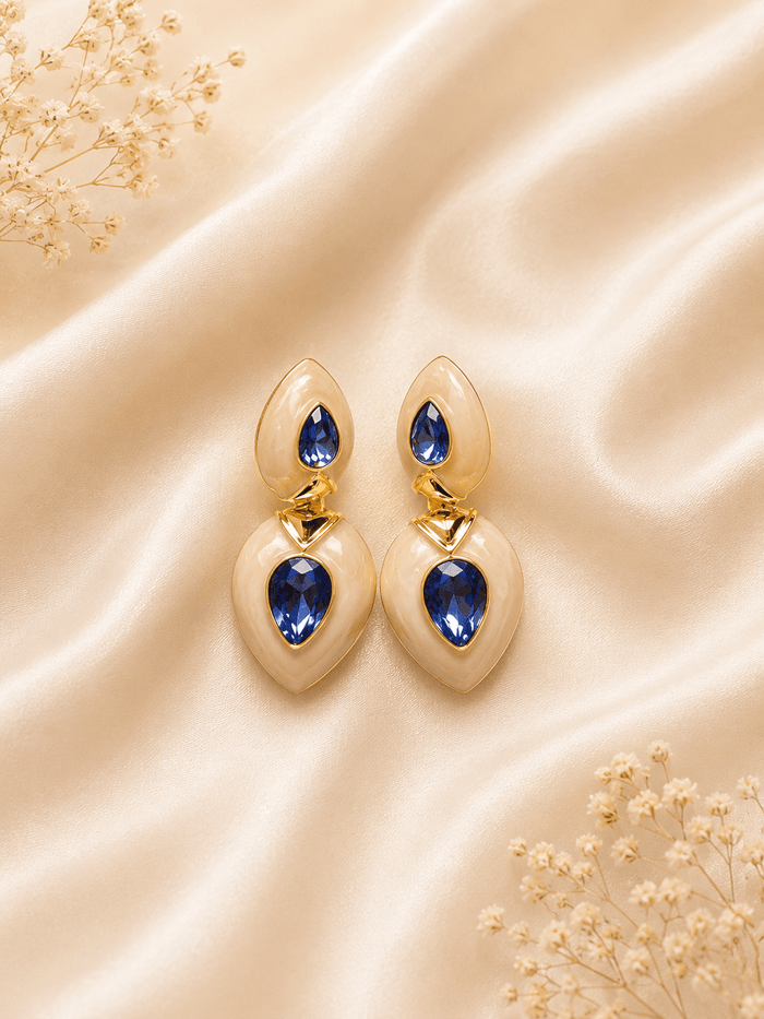 Ivory & Blue Crystal Teardrop Dangle Earrings - violinas