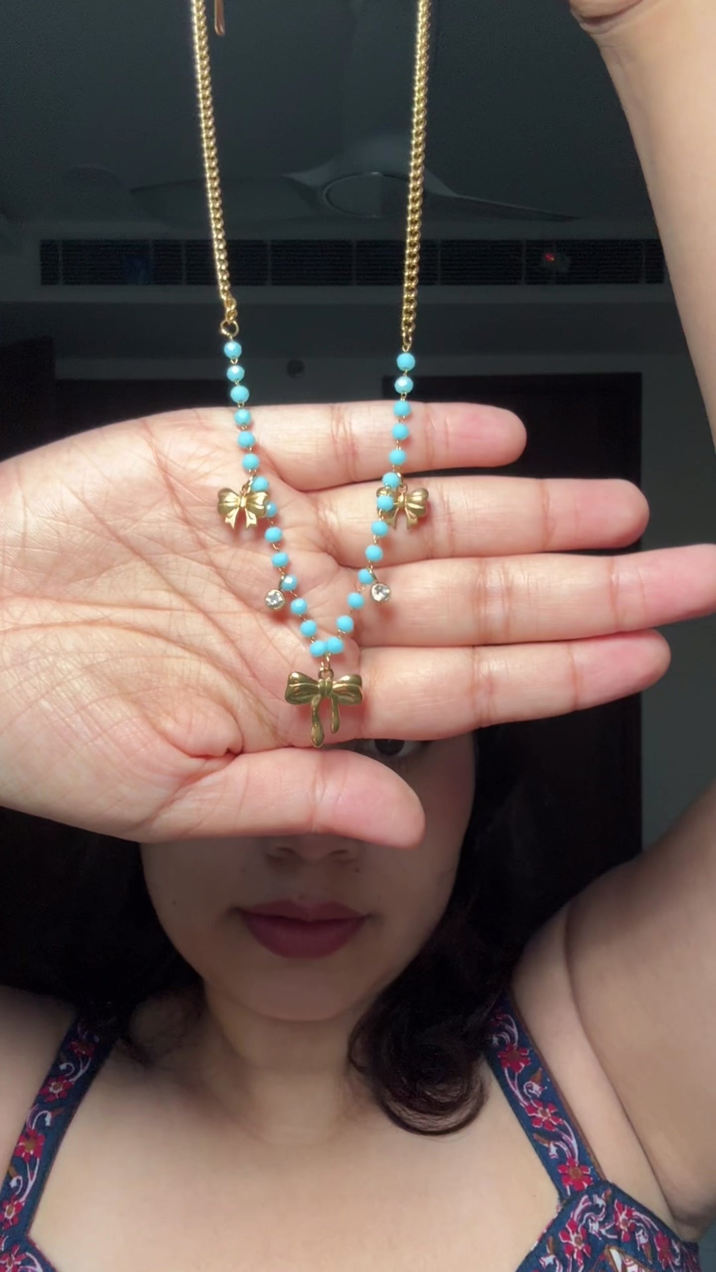 Blue Bead & Gold Bow Charm Necklace