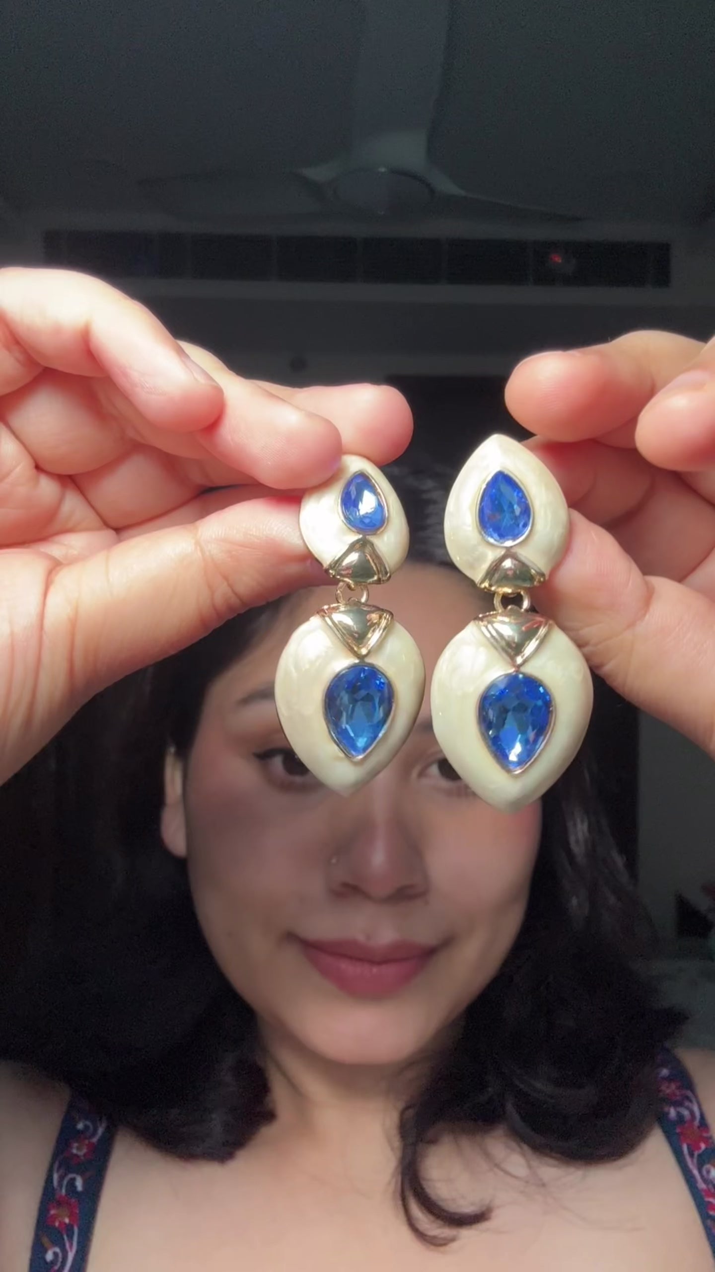 Ivory & Blue Crystal Teardrop Dangle Earrings