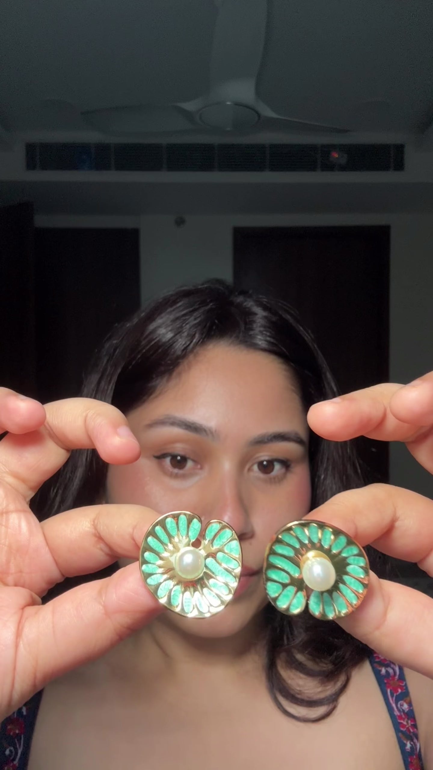 Turquoise Enamel Pearl Stud Earrings