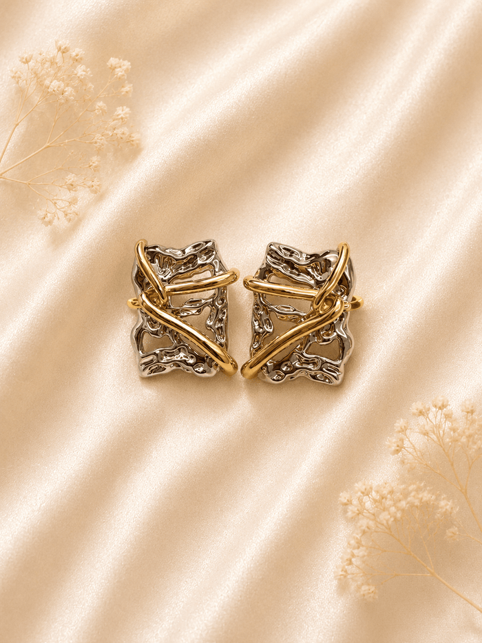 Silver & Gold Abstract Square Stud Earrings - violinas