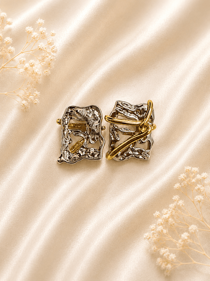 Silver & Gold Abstract Square Stud Earrings - violinas